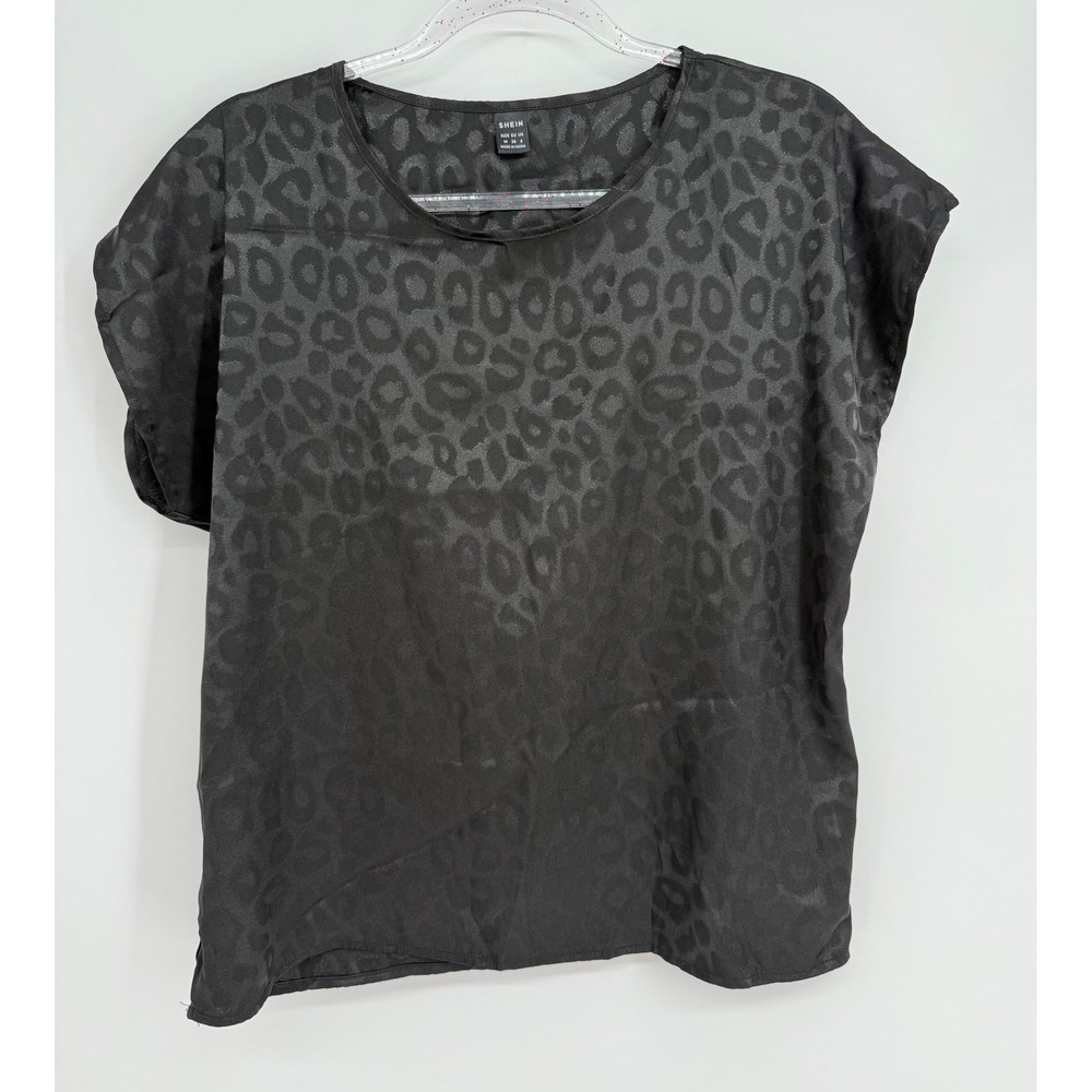 SHEIN Black Leopard Satin Jacquard Blouse Short Sleeve Crew Neck Top Sz M 6
